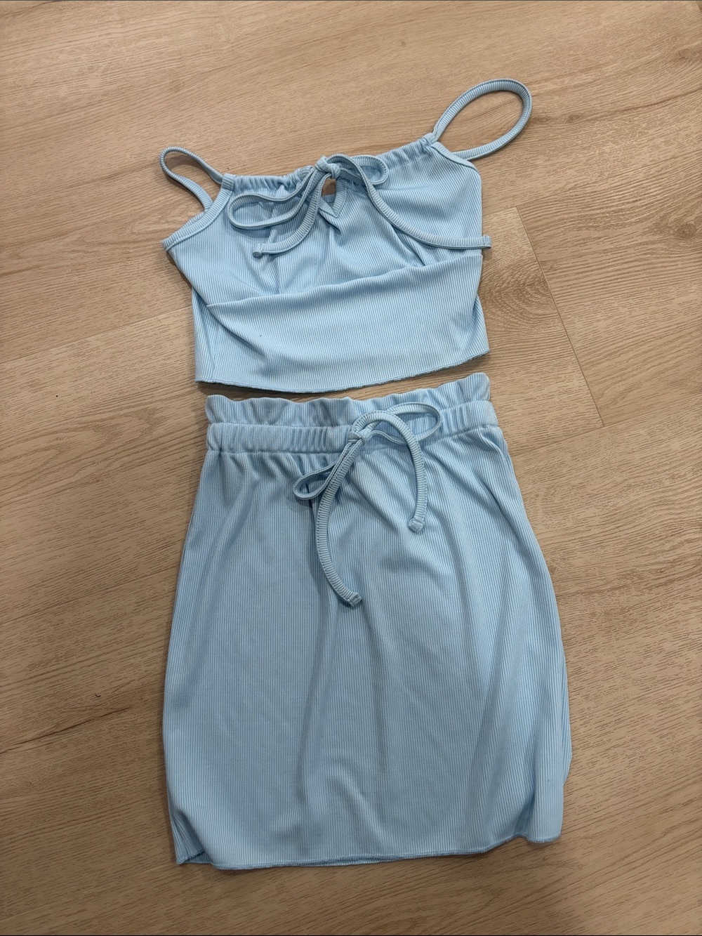 Light Blue Ribbed Drawstring Skirt - Women's Casual